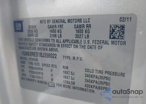 2011 GMC Acadia Slt-1 z USA, uszkodzony, nr VIN 1GKKVRED1BJ298022